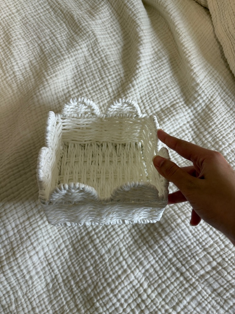 Target white storage basket wicker reed floral cottage coquette scalloped